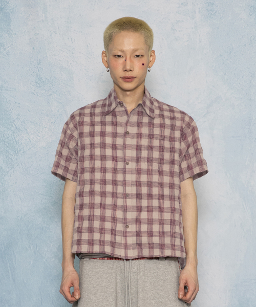 GS018 — Tartan Check Shia Sカー クロップ ハーフシャツ (RED)