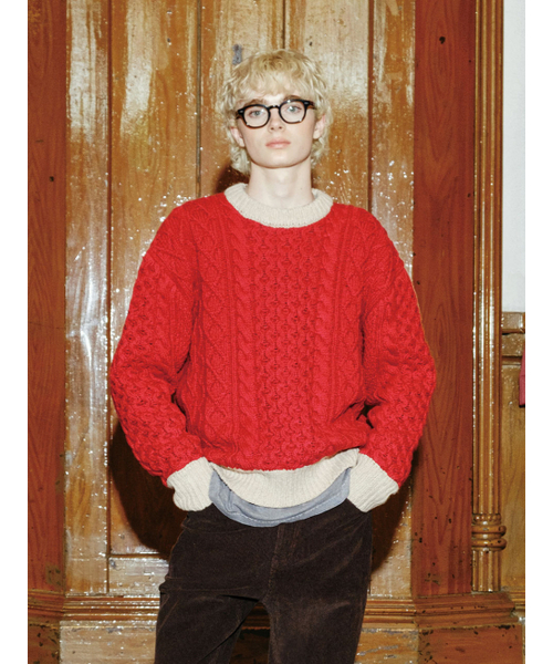 Bicolor Fisherman Man Sweater — Red & Oatmeal