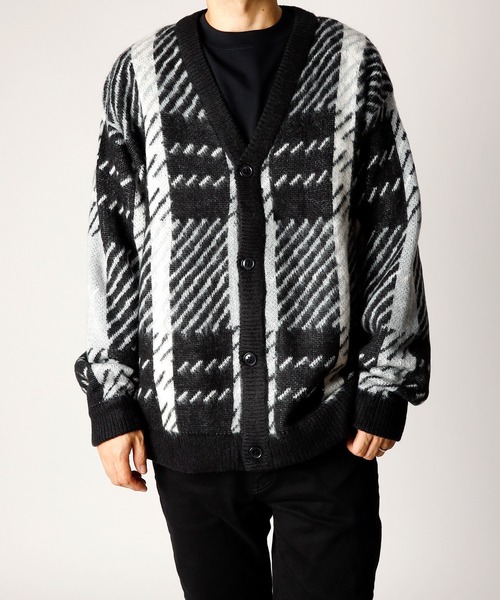 INASTUDIOS SELECT shaggy‑check knit balloon cardigan