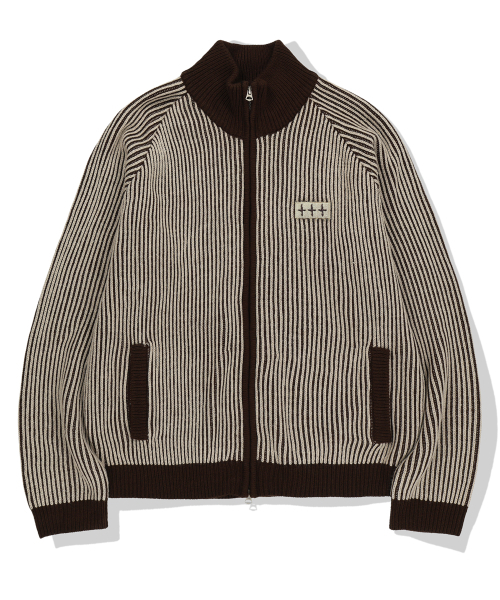 444 Logo Two Tone Rib Knit Zip Up — вязаная кофта‑кардиган на молнии, бежевый двухцветный логотип 444