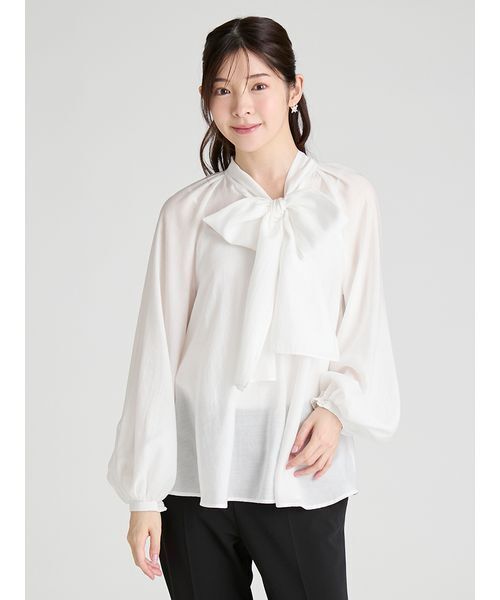 Big ribbon semi-shear blouse