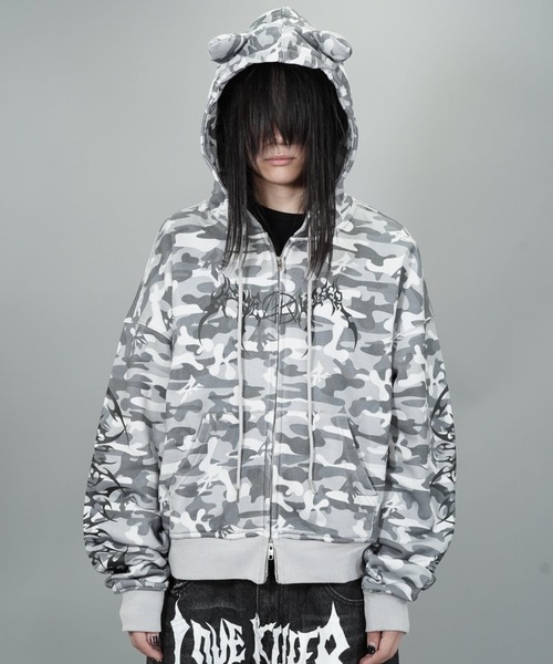 A'GEM/9 × .kom «LOVE KILLER» CAMO LOGO CAT ZIP-UP HOODIE — камуфляжное худи с логотипом и котом