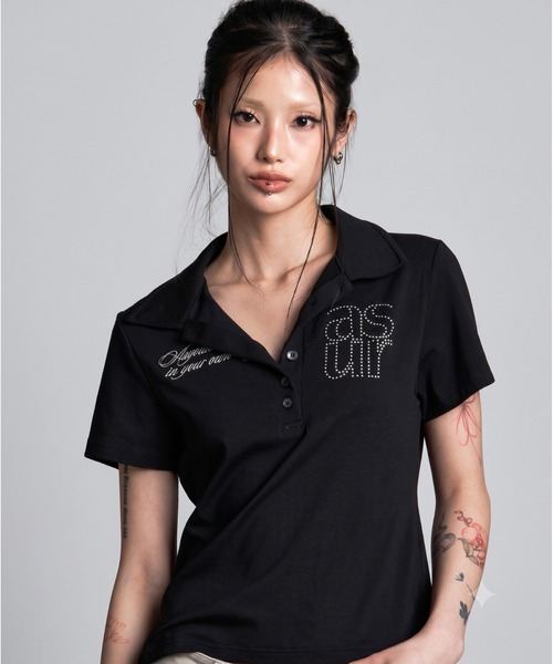 ◇ASYOUARE◇ бейсик hotfix collar T‑shirt — базовая футболка с аппликацией стразами