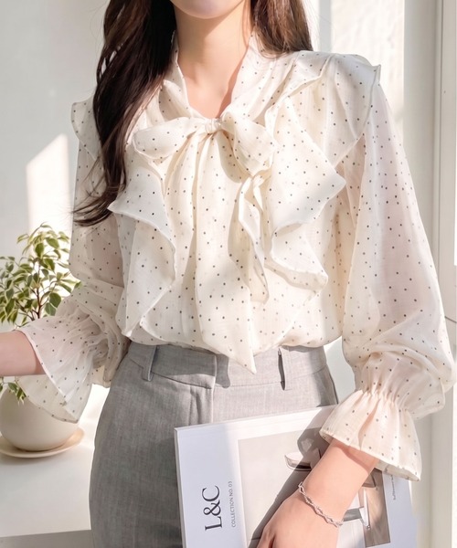 [Для офиса] дот & hart shear ribbon ribbon T‑shirt — livon type blouse