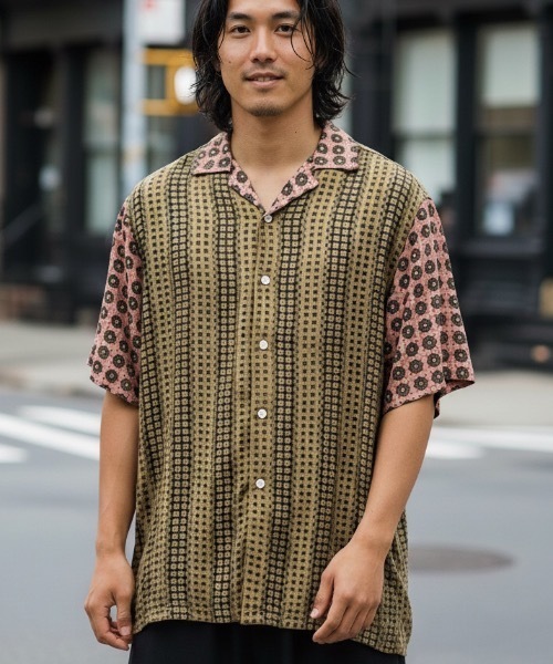 SS SHIRT/OAS цветовой блок Open Collar поло с коротким рукавом — бежево×розовый, полосатая модель лето
