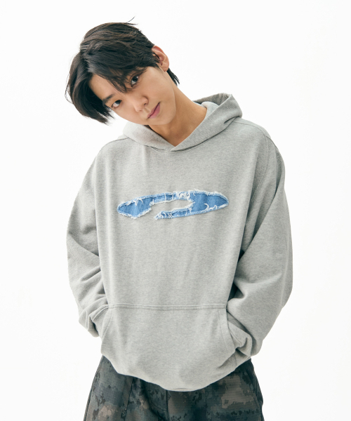 Pigment Washed Denim Applique Hoodie — худи с аппликацией, пигментная стирка, серый (M.Gray)