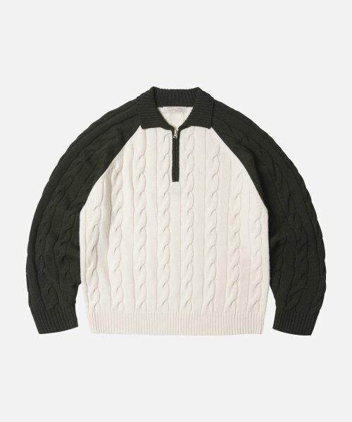 WOOL CABLE RAGLAN HALF ZIP KNIT — вязаный пуловер с короткой молнией, тёмно‑оливковый.