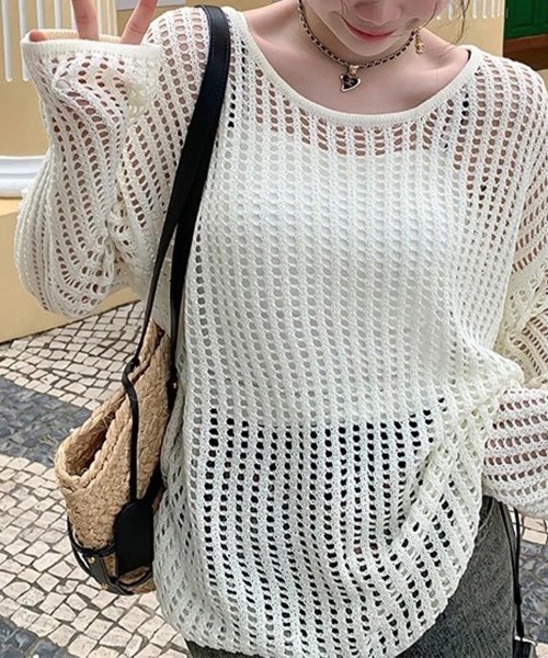 Прозрачный вязаный лонгслив с длинными рукавами — mesh-knit топ