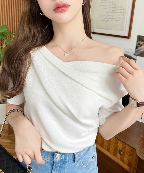 One‑Shoulder Drop Sleeve Rib Knit Pullover — одно плечо, укороченный рукав, трикотажный свитшот Pullover