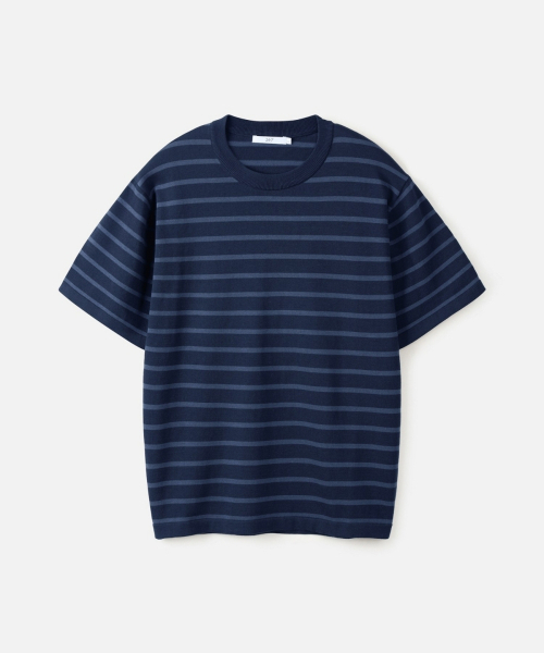 Supermackton Stripe heavyweight half‑sleeve DARK NAVY — толстая футболка DARK NAVY