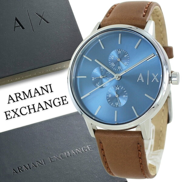 Часы Armani Exchange мужские Cayde многофункциональные серебристо‑голубой циферблат, коричневый кожаный ремешок AX2718, бизнес/повседневные, подарок на день рождения