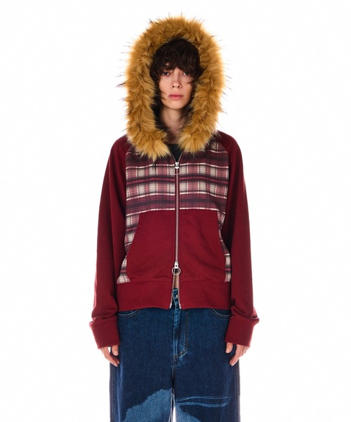 Zip-up fur hoodie с клетчатым принтом