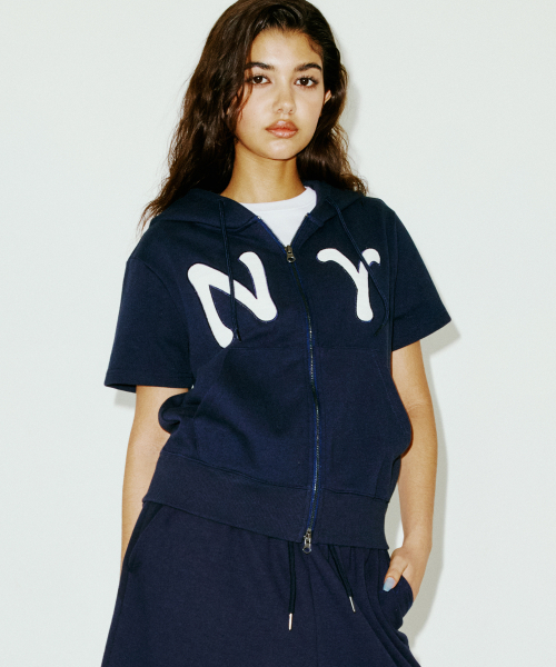 NY APLIQUE SS HOOD ZIP UP — темно-синее худи на молнии с аппликацией NY