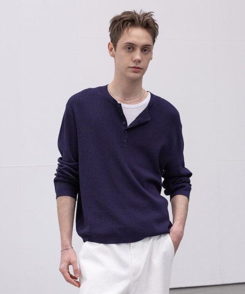 Light Herringbone neck knit T‑shirt [NEVY]