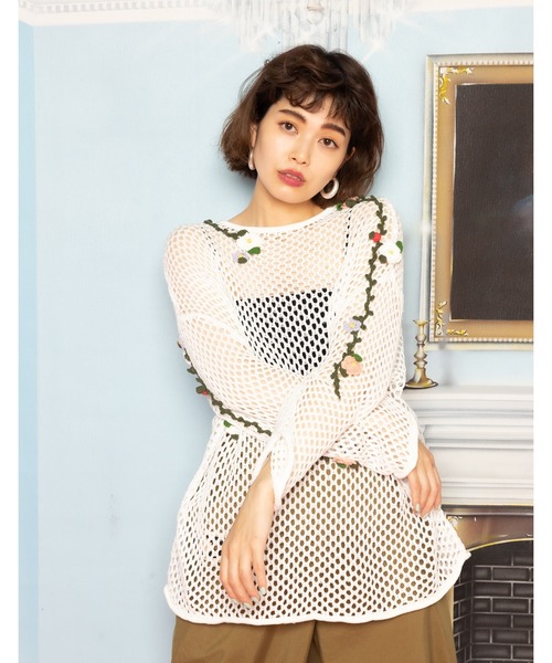 [Little sunny bite] little sunny bite × pink house Floral mesh top