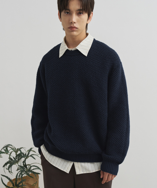Waffle Tech Charalound Pull‑Over Knit [NAVY] — вафельный тех‑свитер‑пуловер, navy