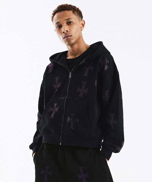 Jeep Fredi | Black x Purple Cross Rhinestone Zip Hoodie | Unknown London — худи с кристаллами и капюшоном