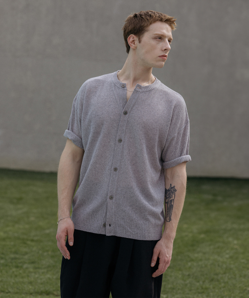 Linen-like ground neck half-sleeve knit cardigan [grey] — льняная полуполо-кардиган