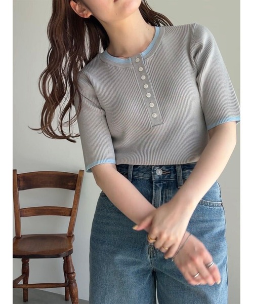 UV‑cut Henry‑neck 5‑sleeve rib knit — рубчик‑футболка с UV‑защитой