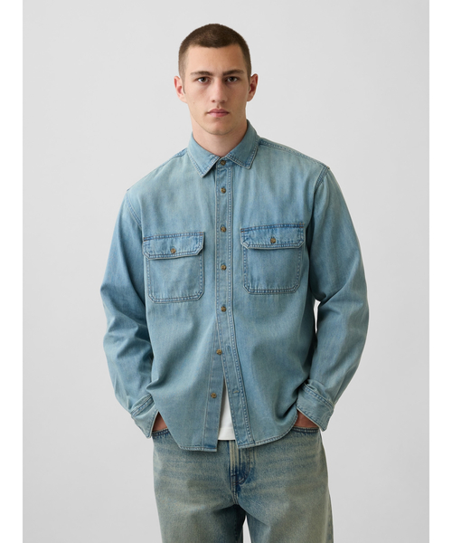 Ultra soft denim relaxed‑fit utility shirt — удлинённая рубашка‑футболка из ультра‑денима