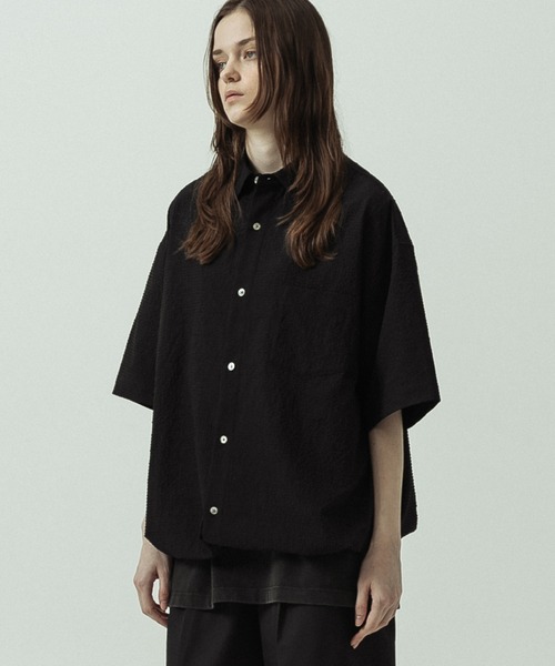SLICK Seersucker Gingham Check drawstring short sleeve shirt — сорочка с полосатой вафельной текстурой, кулиска, короткий рукав (ZOZO лимит)