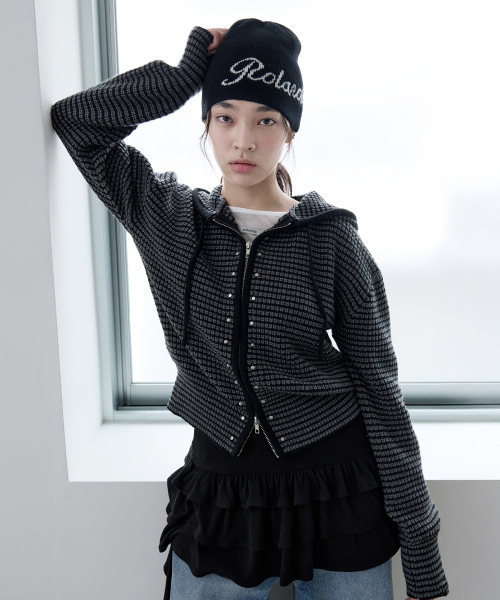 Stud Knit Hooded Zip‑Up серый — вязаная куртка с капюшоном и молнией