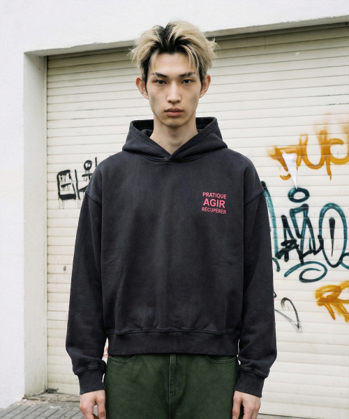 AGIR Salt‑Washed Crop Hooded T‑Shirt (Black) — кроп‑худи чёрный