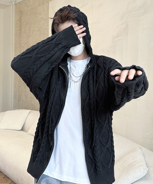 FVLMEN Cable Knit Zip Parka — парка‑кардиган с вязаным плетением и молнией
