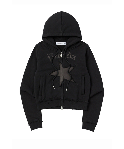 Star Cut-Off Hood Zip-Up — чёрная толстовка‑худи с молнией и звёздной отделкой