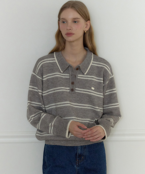 Caroline Stripe Collar Knit — вязаная рубашка в полоску, меранж‑грей