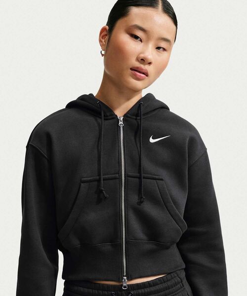 Nike Sportswear Phoenix Fleece Women’s Loose Full‑Zip Cropped Hoodie HV2427-010 Black — женская укороченная худи на молнии, флис