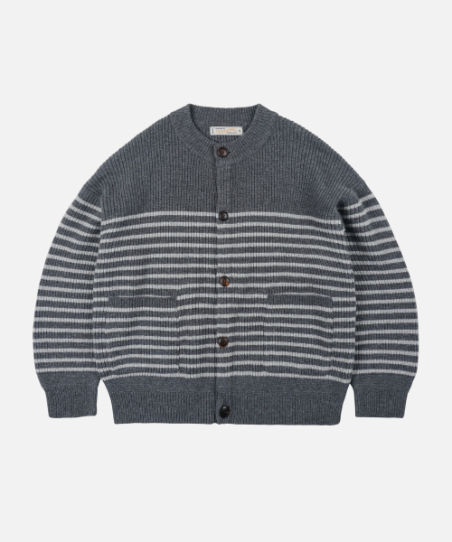 WOOL STRIPE ROUND CARDIGAN — шерстяной кардиган в полоску, угольный