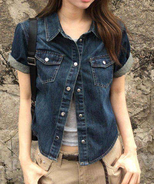 Весенне‑летняя новинка Dott Button denim полурукав футболка