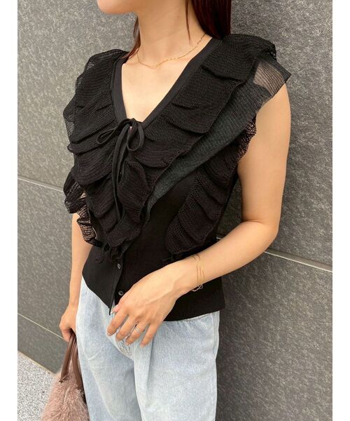 Mesh frill loose knit pullover