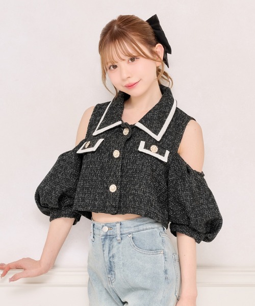 Bijou button puff sleeve sleeve ribbed tee — трикотажный топ с пышными рукавами и пуговицами