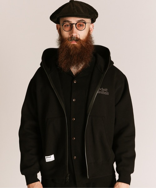 Schott B.S ZIP HOODED SWEAT — чёрная толстовка на молнии с капюшоном, полный флисовый подклад