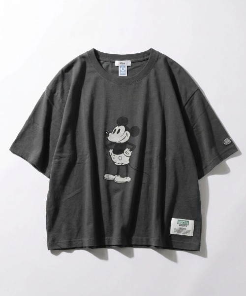 2026SS Disney×DISCUS коллаб: хлопковая футболка Mickey Print, полуслайв, M: шорт‑тип, L: регуляр