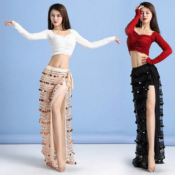 Костюм для belly dance женский комплект: топ, длинная юбка, пояс с отделкой — сценический набор, 2 комплекта