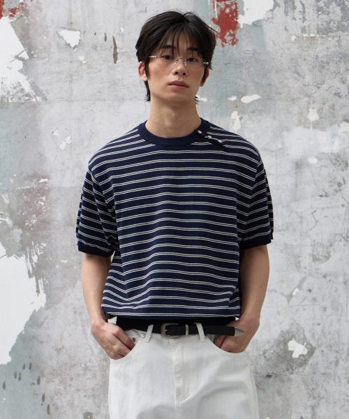Side Button Henleyneck Stripe Half Knit [NAIVY]