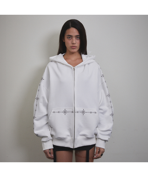 Stud Line Hood Zip‑up (IVORY) — худи с шипами, молния, айвори