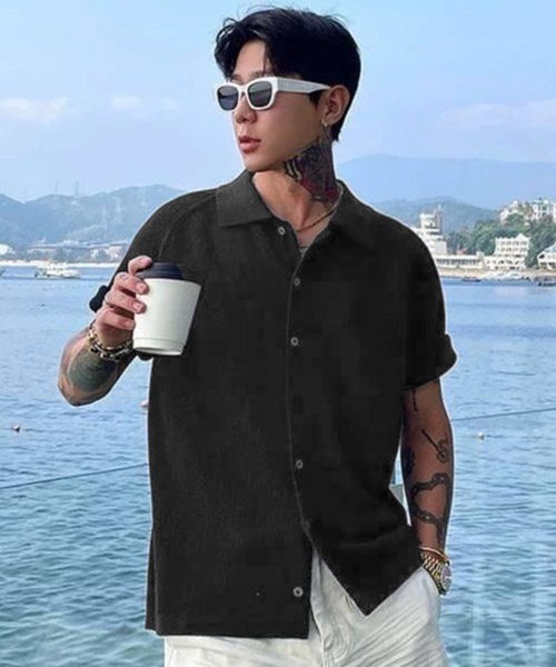 NOWLE — Fine rib regular collar half‑sleeve knit T‑shirt / samarit tops
