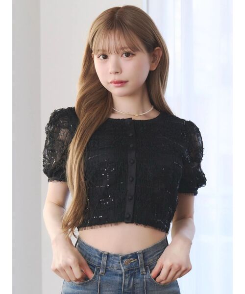 Puff sleeve rib shearspan collar frill blouse