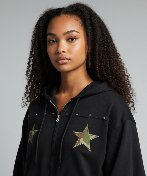 Camo Star Essential Zip Hoodie (Black) — камуфляжное худи на молнии, черное