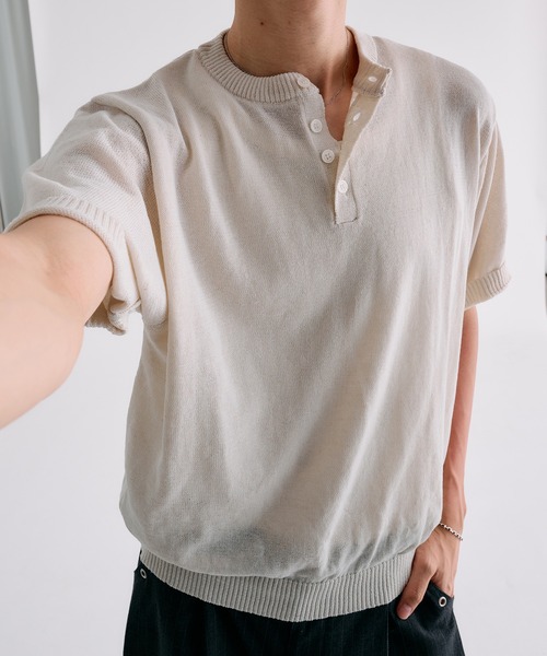 MELANGE HENRY NECK SUMMER KNIT — меланжевый летний вязаный джемпер с воротом‑Хенри