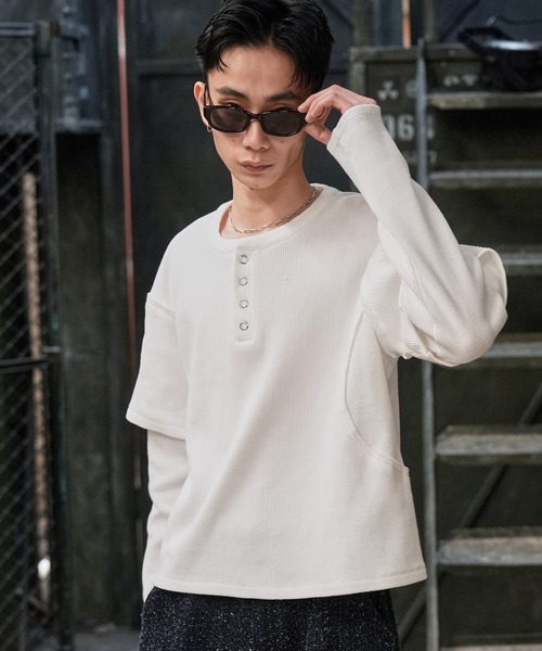 LANDNESS FAKE LAYERED WAFFLE HENLEY L/S — фейковый многослойный вафельный хенли с длинным рукавом