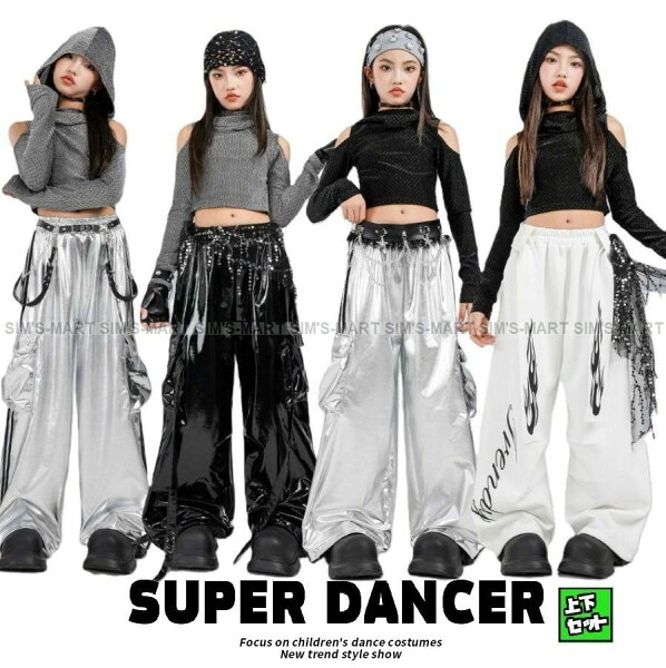 Детский танцевальный костюм K‑POP корейский костюм для девочек в стиле хип‑хоп, кожаный чёрный, серьги, топ с отделкой, яркий детский танцевальный костюм, одноцветный