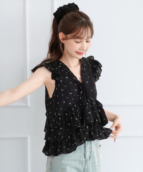 Floral V‑neck ribbon frill blouse / 2026 SS COLLECTION