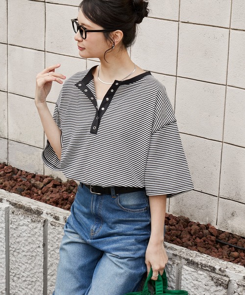 anyway. — Henley neck drop shoulder oversized T-shirt (полу-/короткий рукав)