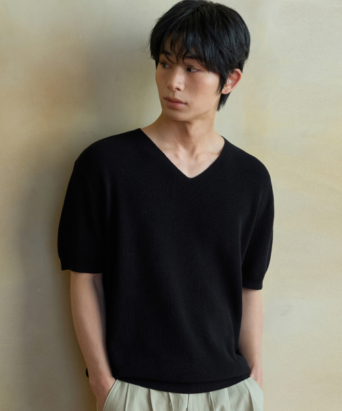 Wossable Eva V Neck ハーフニット_BLACK (WC26KN49)