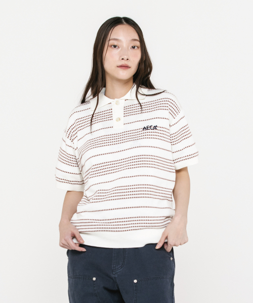 Stripe Structure Collar Neck Half Knit — бело/коричневый